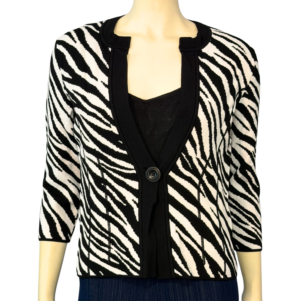 Jones New York Sz S Nylon Knit Cardigan Sweater Single Button Zebra Print Fitted